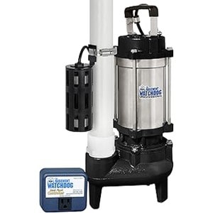 Pictured is the Basement Watchdog BWSS100 1 HP Sump Pump with stainless steel housing and cast iron base with a dual vertical float switch 