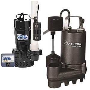 Pictured are two Basement Watchdog Glentronics Automatic submersible sump pumps Model BW1050 and Model SI50V.   
