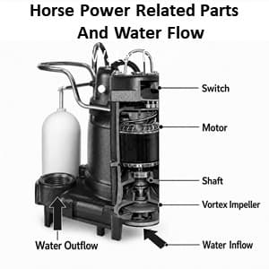 Cross section of a sump pump showing the motor which drives the shaft which turns the vortex impeller. Its the impeller that draws the water into the pump and moves it out the of pumps discharge port and up the vertical discharge pipe and to its desired location. 