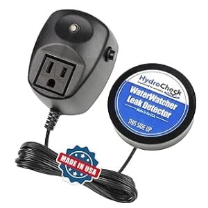 Pictured is the Hydrocheck WaterWatche. It is a  leak-detecting product that sounds an alarm when water is detected and turns off the appliance automatically.  Five year warranty.  