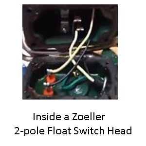 Pictured is the inside look of the 2-pole float switch head whewre the friction causes the circuit to close and pass electricity to the pump motor. 