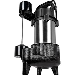 Pictured is the Little Giant 16EC-SSA-V 1 HP Sump Pump with vertical magnetic float switch and stainless steel housing and cast iron base.