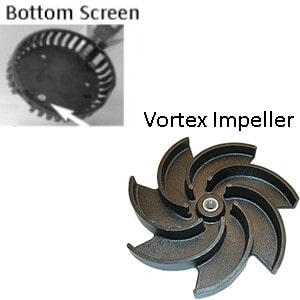 Pictured is a battom screen and a vortex imppeller. A screen prevents solids from passing though and a vortex impeller allows them to flow through wotinout getting caught. 