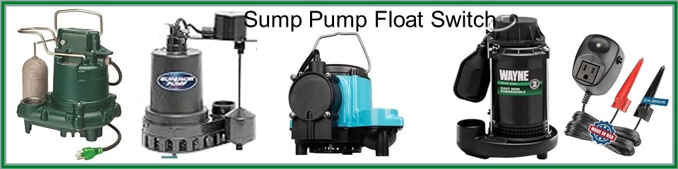 Pictured are sump pumps with a tether float switch, a 2-pole snap action float switch, a magnetic draw float switch, a diaphragm siwtch and an electronic switch. 