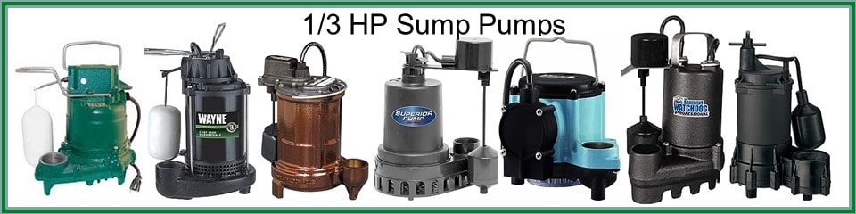Pictured are 1/3 HP Sump Pumps compared by feature. 