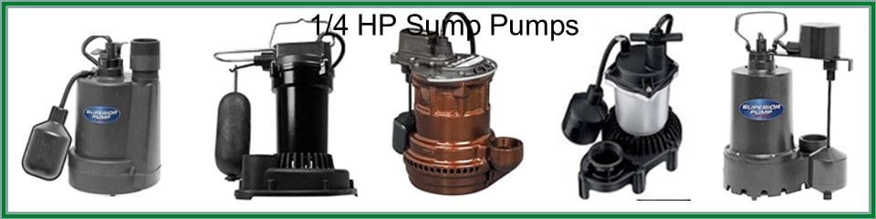 Pictured are 1/4 HP Sump Pumps compared by feature. 