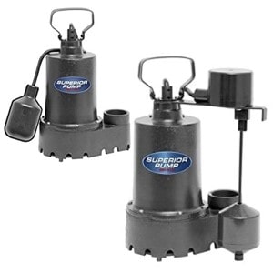 Pictured are two of Superior Pump Automatic submersible sump pumps Model 92341 and Model 92331.   