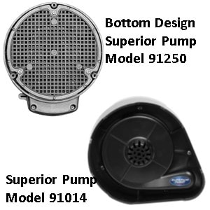 Pictures is the bottom view of Superior Pump Utility Pump Model 91014 and Model 02150. Model 91014 uses a vortex impeller whilte 91250 relies uses a bottom screen.  