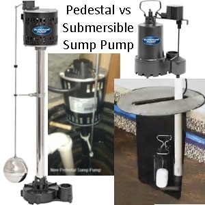 Pictured is the Superior Pump Pedestal Pump and A Superior Pump Submersible Sump PUmp. The Pedestal pump motor sits abovwe the pit on a long column. The subermsible pump sits in water in the pit. 