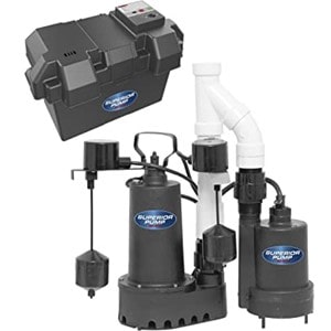 Pictured is the Superior Pre-assembled Combination Primary Sump Pump And Battery backup sump pumps. 