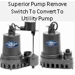 Pictured is the conversion of a Superior sump pump into a utility pump. All that needs to be done is remove the vertical float switch.