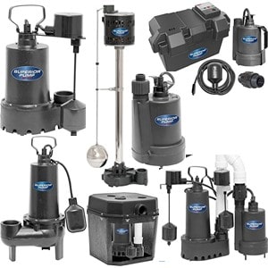 Pictured is the Superior Pump Product Line: submersible sump pumps, pedestal sump pumps, backup sump pumps, combinationo sump pumps, utility pumps, sewage pumps, laundry drain pumps. 