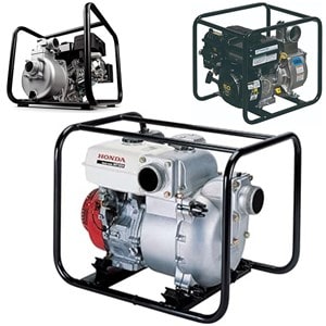 Pictured are Trash wAter pumps for basement floods, Trash pumps work well in cleaning up from a basement flood because they can handlle debris and have a high flow rate.  