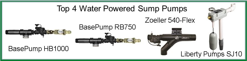 Pictured are top 4 water powered sump pump models we review and compare. 