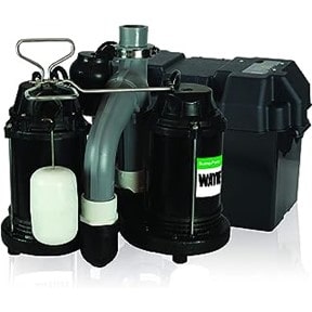 Pictured is the Wayne Water Systems WSS30VN Combination Sump Pump. This sump pump systems includes a primary sump pump model CDU800 and a battery backup sump pump ESP25n which offers coverage when the electric pump fails to run. 