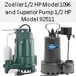 Pictured is Zoeller 1/2 HP Model 1096 vs Superior Pump 1/2 HP Model 92511 Sump Pump