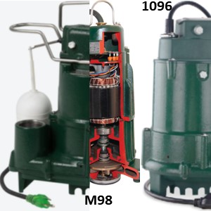Pictured is the Zoeller M98 submersible sump pump which has a motor and pump housing of cast iron and an inside view of the motor and pump housing.  