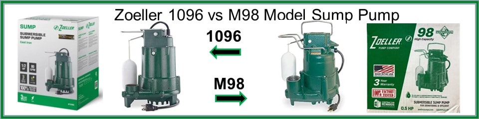 Pictured are the Zoeller 1096 vs M98 Sump Pump Models we are comparing. 