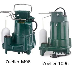 Zoeller M98 and 1096 submersible sump pump models look very similar except that the float guard is different and a very close look shows the switch case for the 1096 model is thermoplastic while the switch case of the M98 model is cast iron. 