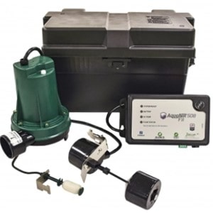Pictured is the Zoeller Battery Backup Sump Pump System 508-0014 with WiFI connectivity and high pump performance.