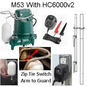 Pictured is the Zoeller M53 with a vertical snap action float swicth and how the switch arm must be zip tied to the float guard so the float is in the ON position and the model M53 uses the  HC6000 as its flaot switch  