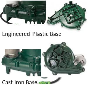 Zoeller Sump Pump M63 uses a cast iron base as shown and the Zoeller M53 uses a plastic base. Notice the difference between the rugged cast iron anhd smooth plastic base. Cast iron base is better for heat dissipation At Pumps Selection
