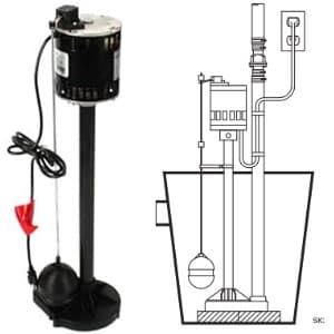 The Zoeller M81 pedestal sump pump installation pictured here is easy. it is a matter of placing the pump in the basin, connecting the discharge pipe and plugging it into the wall socket.  