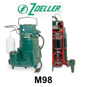 Pictured is the Zoeller M98 submersible sump pump which has a motor and pump housing of cast iron and an inside view of the motor and pump housing.  