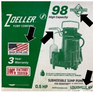 Pictured is the Zoeller M98 sump pump packaging. 