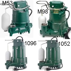 Pictured is the Zoeller Professional Series M53, M98 and Basic Series Models 1052 and 1096 with avertical 2 Pole snap action Float switch showing how it works. 