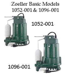Pictured is Zoeller Submersible sump pump Basic Models 1052-001 and 1095-001. They have a magnetic draw float switch which is subject to mineal deposits which cause switch failure.