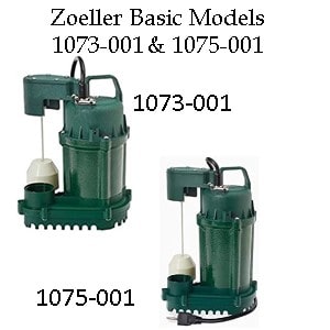 Pictured is Zoeller Submersible sump pump Basic Models 1073-001 and 1075-001. They have a magnetic draw flaot switch which is subject to mineal deposits which cause switch failure.