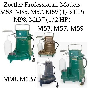 Pictured is Zoeller Submersible sump pump Professional Models M53 M55 M57 M59 M98 and M137. They have a snap action float switch which whyich liast longer than a magnetic draw switch.