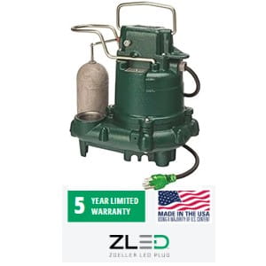 Pictured is the Best Zoeller Sump Pump for the basement: M63 with its 5 year warranty badge and made in USA badge 