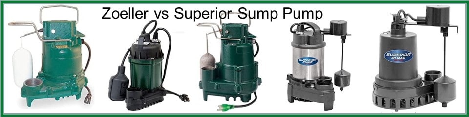 Pictured are Zoeller and Superior Sump Pumps> They look different and have different features. This review compares those feature differences.  