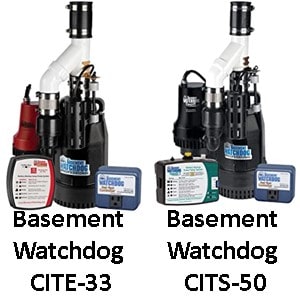 Pictured is the Basement Watchdog Combination CITE-33  and CITS-50 Submersible and Battery backup sump pumps. 