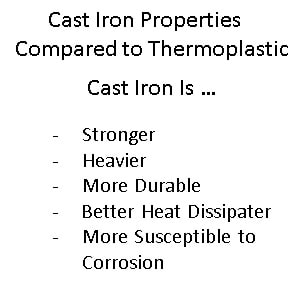 Pictured are the characteristics that make cast iron different from thermoplastic