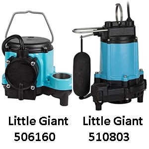 Pictured is the Little Giant 506160 and 510803 Submersible sump pump. 