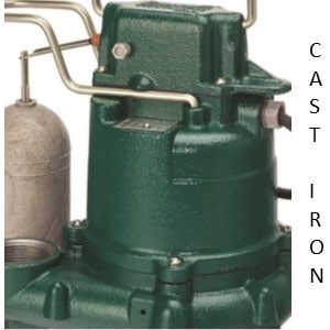 Pictured are Zoeller and Liberty Pumps with their cast iron housing. Cast Iron is a very good pump housing material. It is strong, dissipates heat well and will not crack.   