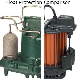 Pictured is Zoeller and Liberty Pumps with their float protection. .Both brazAnds approach the float protect differently.  Zoeller float protection is more robust.