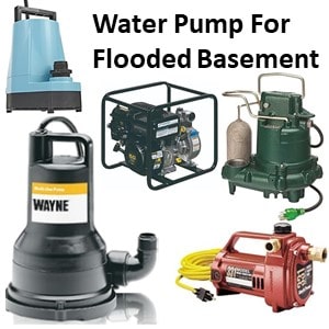 This pictures the Four Water Pump types used for basement flooding:  Utility pump, transfer pump, trash pump and sump pump. 