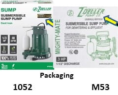 This is the packagqing for Zoeller 1052 and Zoeller M53 submersible sump pumps. Zoeller 1052 vs M53 packaging The packaging shows the zoeller braqnd and symbol plus moel and series number..
