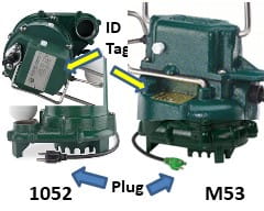 Zoeller 1052 vs M53 Sump Pump Differences in tag ID location and plug.