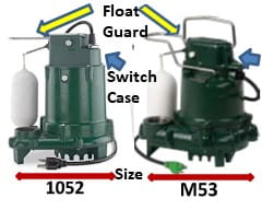 Zoeller 1052 vs M53 Sump Pump Differences in size, switch case material, abd float guard design.