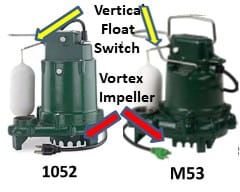 This is the vertical float siwtch and vortex impeller for Zoeller 1052 and Zoeller M53 submersible sump pumps. They look and are the same. Zoeller 1052 vs M53 vertical float switch and vortex impeller. They look and are the same.