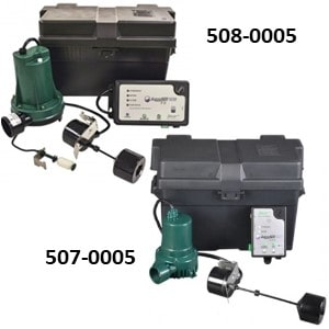 Pictured are the Zoeller 508-0005 Aquanot Spin and Zoeller 507-0005 Aquanot Key Battery Backup Sump Pumps