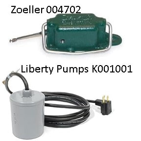 Pictured is a Zoeller replacement switch head with a switch part no 004702 and Liberty Pumps tether float siwtch replacement part no K001001. Replacing a float switch is easy. 